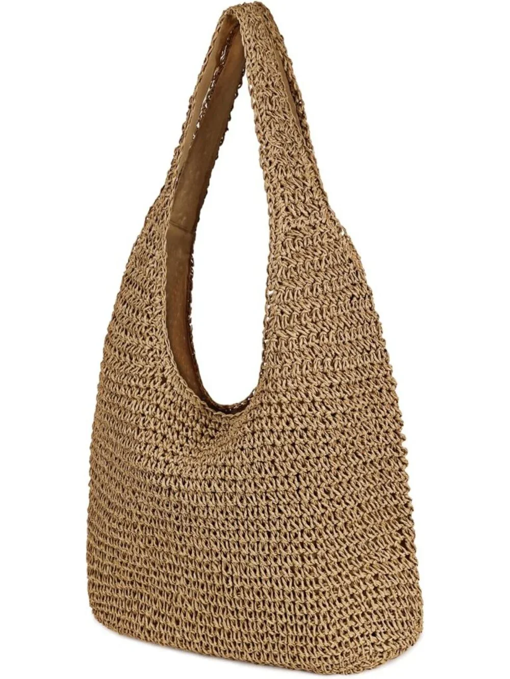 Women's Khaki Large Straw Beach Bag Handmade Woven Shoulder Bags Hobo Tote - Picture 3 of 6